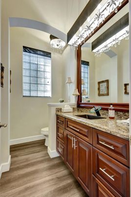 Bathroom, Chandelier, Interior, Wood Texture Flooring