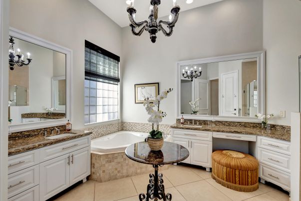 Bathroom, Chandelier, Dual Sink Vanities, Interior, Recessed Lighting