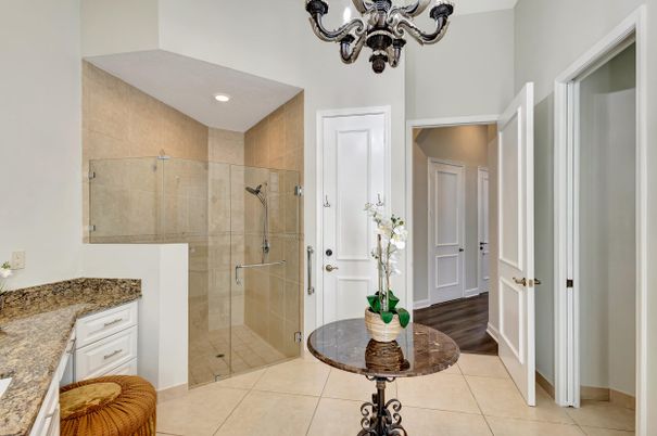Bathroom, Glass Shower, Interior, Recessed Lighting, Wood Texture Flooring