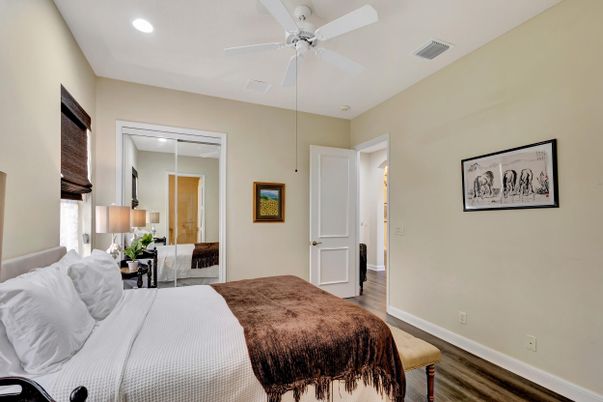 Bedroom, Interior, Recessed Lighting, Wood Texture Flooring