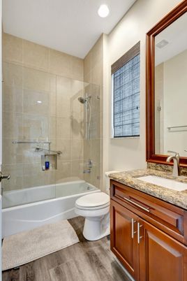Bathroom, Glass Shower, Interior, Recessed Lighting, Wood Texture Flooring