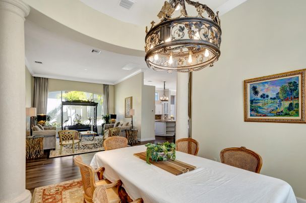 Chandelier, Dining room, Interior, Living room, Recessed Lighting, Wood Texture Flooring