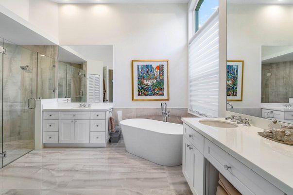 Bathroom, Dual Sink Vanities, Free Standing Baths, Glass Shower, Interior, Marble, Recessed Lighting
