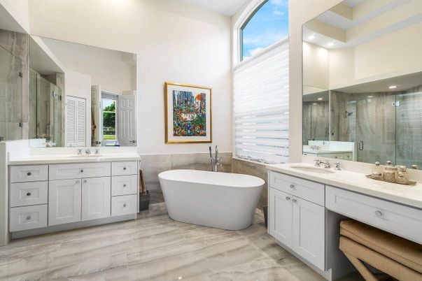 Bathroom, Dual Sink Vanities, Free Standing Baths, Interior, Marble, Recessed Lighting