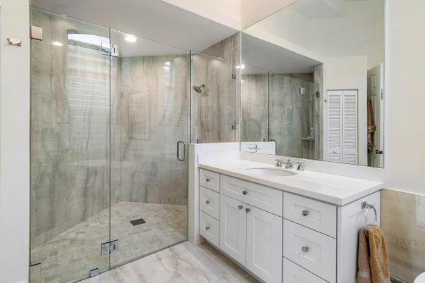 Bathroom, Dual Sink Vanities, Glass Shower, Interior, Recessed Lighting
