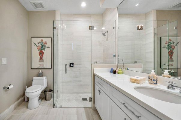 Bathroom, Dual Sink Vanities, Glass Shower, Interior, Recessed Lighting, Wood Texture Flooring