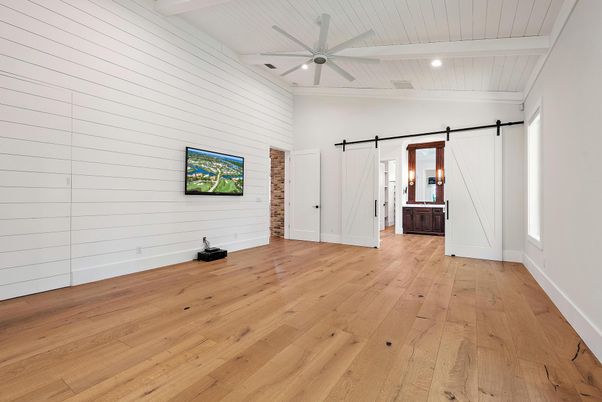 Empty room, Interior, Recessed Lighting, Stone Walls, Wood Texture Flooring