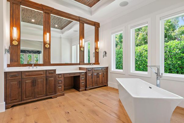 Bathroom, Dual Sink Vanities, Free Standing Baths, Interior, Recessed Lighting, Wooden Ceilings, Wood Texture Flooring