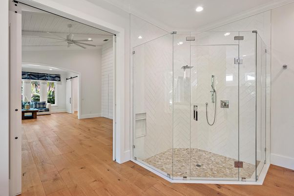 Bathroom, Glass Shower, Interior, Recessed Lighting, Wood Texture Flooring