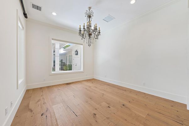 Chandelier, Empty room, Interior, Recessed Lighting, Wood Texture Flooring