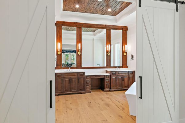 Bathroom, Interior, Recessed Lighting, Wooden Ceilings, Wood Texture Flooring