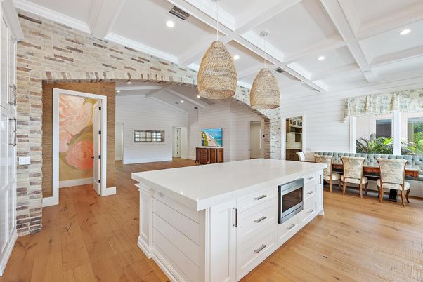 Dining room, Interior, Kitchen, Recessed Lighting, Stone Walls, Wood Texture Flooring