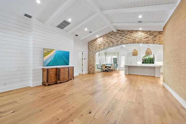 Dining room, Interior, Recessed Lighting, Stone Walls, Wood Texture Flooring