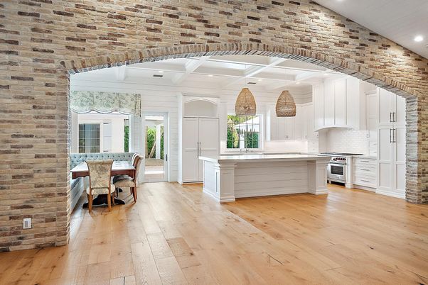 Dining room, Interior, Kitchen, Recessed Lighting, Stone Walls, Wood Texture Flooring