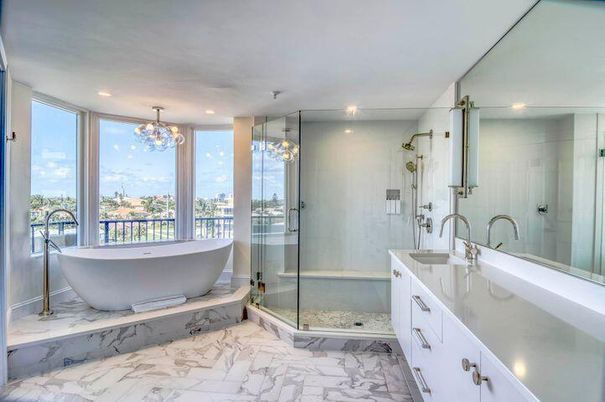 Bathroom, Chandelier, Free Standing Baths, Glass Shower, Interior, Marble, Marble Walls, Recessed Lighting