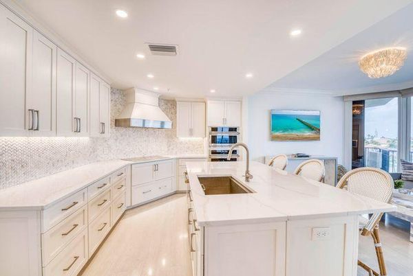 Chandelier, Interior, Kitchen, Recessed Lighting, Stainless Steel Appliances, Wood Texture Flooring