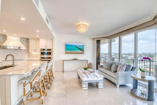 Chandelier, Interior, Kitchen, Living room, Recessed Lighting, Stainless Steel Appliances, Wood Texture Flooring