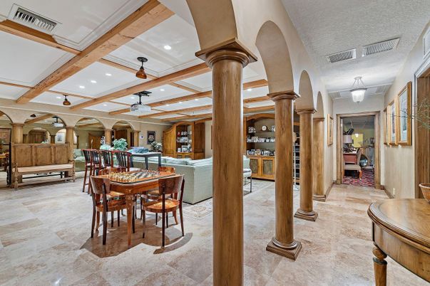 Dining room, Interior, Recessed Lighting, Wooden Beams