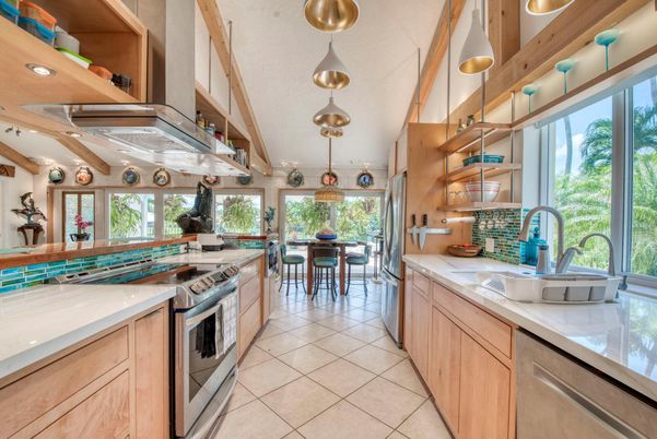 Dining room, Interior, Kitchen, Pendant Lights, Recessed Lighting, Stainless Steel Appliances, Wooden Beams