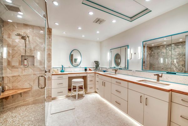 Bathroom, Dual Sink Vanities, Glass Shower, Interior, Recessed Lighting