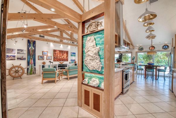 Dining room, Fireplace, Interior, Kitchen, Living room, Pendant Lights, Stainless Steel Appliances, Wooden Beams