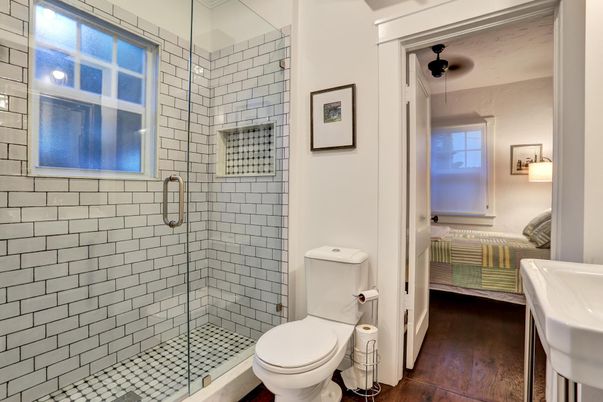 Bathroom, Glass Shower, Interior, Wood Texture Flooring