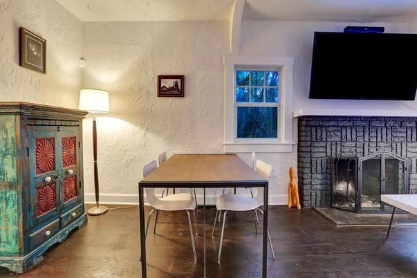 Dining room, Fireplace, Interior, Wood Texture Flooring
