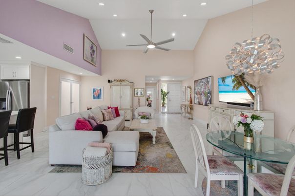 Dining room, Interior, Kitchen, Living room, Marble, Pendant Lights, Recessed Lighting, Stainless Steel Appliances