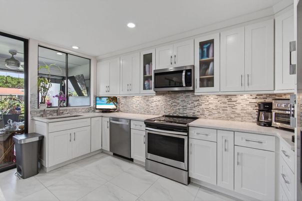 Interior, Kitchen, Marble, Recessed Lighting, Stainless Steel Appliances
