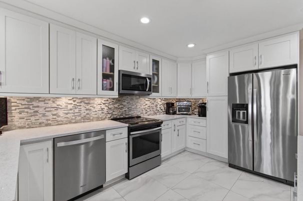Interior, Kitchen, Marble, Recessed Lighting, Stainless Steel Appliances