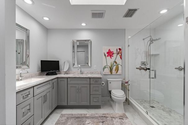 Bathroom, Dual Sink Vanities, Glass Shower, Interior, Recessed Lighting