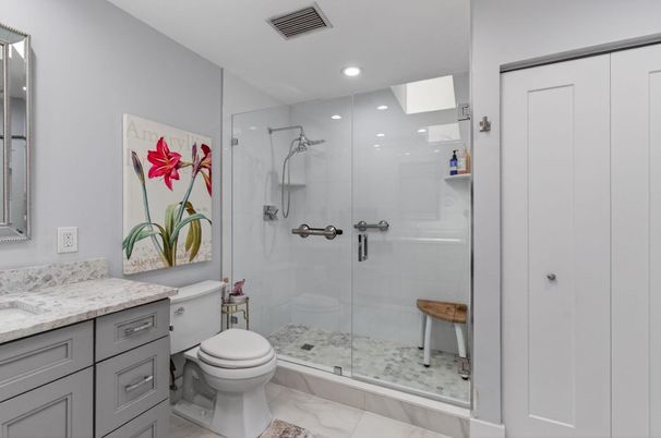 Bathroom, Glass Shower, Interior, Marble, Recessed Lighting