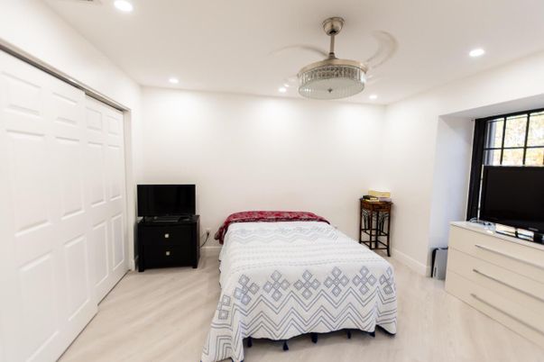 Bedroom, Interior, Recessed Lighting, Wood Texture Flooring