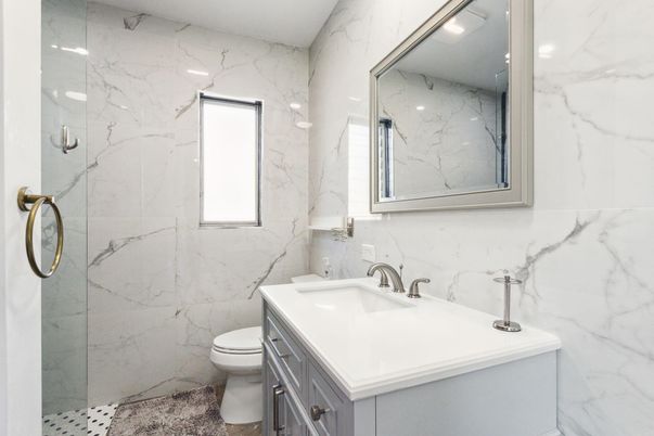 Bathroom, Glass Shower, Interior, Marble Walls, Recessed Lighting