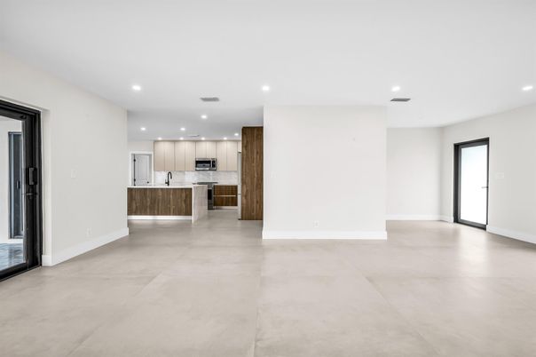 Empty room, Interior, Kitchen, Recessed Lighting, Stainless Steel Appliances