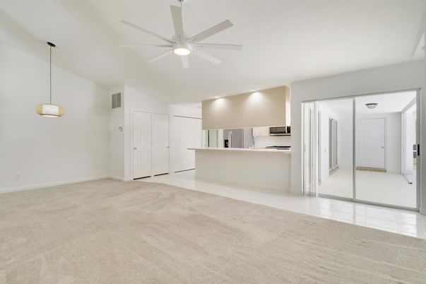 Empty room, Interior, Kitchen, Pendant Lights, Recessed Lighting, Stainless Steel Appliances