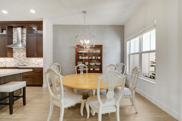 Dining room, Interior, Kitchen, Pendant Lights, Recessed Lighting, Wood Texture Flooring