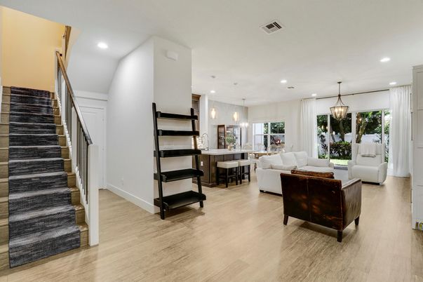 Dining room, Interior, Living room, Pendant Lights, Recessed Lighting, Wood Texture Flooring