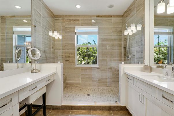 Bathroom, Dual Sink Vanities, Glass Shower, Interior, Recessed Lighting