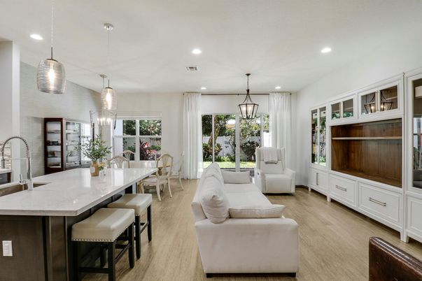 Dining room, Interior, Living room, Pendant Lights, Recessed Lighting, Wood Texture Flooring