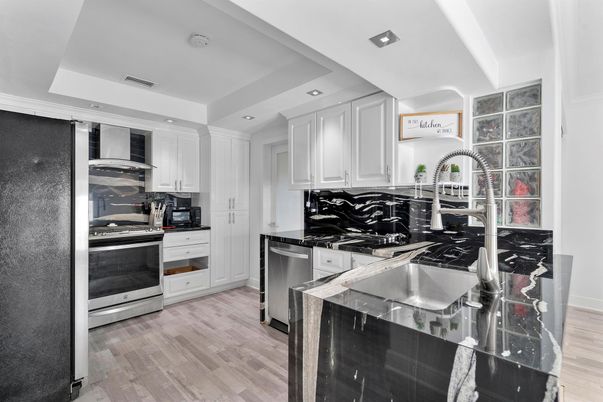 Interior, Kitchen, Recessed Lighting, Stainless Steel Appliances, Wood Texture Flooring