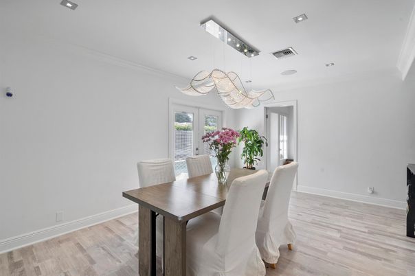 Dining room, Interior, Recessed Lighting, Wood Texture Flooring