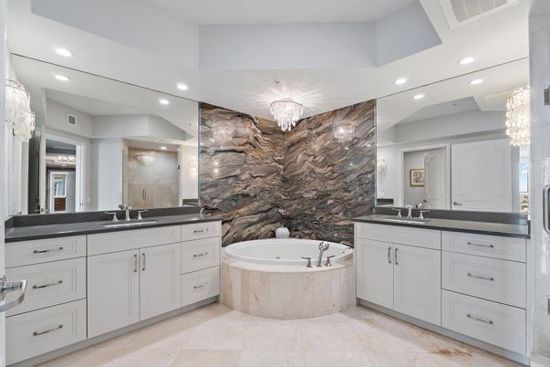 Bathroom, Chandelier, Dual Sink Vanities, Interior, Recessed Lighting
