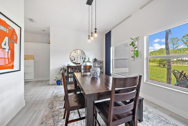 Dining room, Interior, Pendant Lights, Wood Texture Flooring