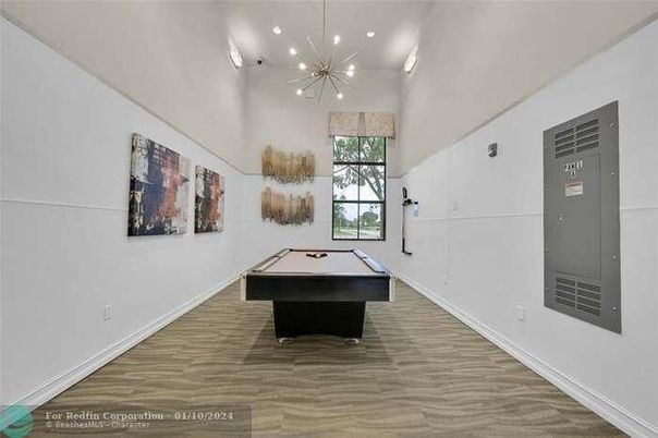 Billiard Table, Game Room, Interior, Pendant Lights, Wood Texture Flooring