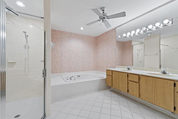 Bathroom, Dual Sink Vanities, Glass Shower, Interior, Recessed Lighting