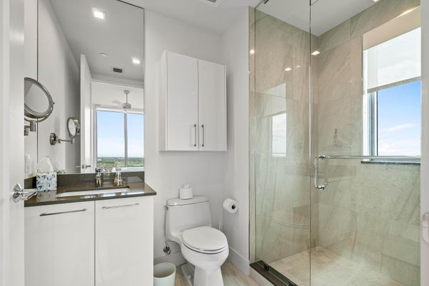 Bathroom, Glass Shower, Interior, Recessed Lighting, Wood Texture Flooring