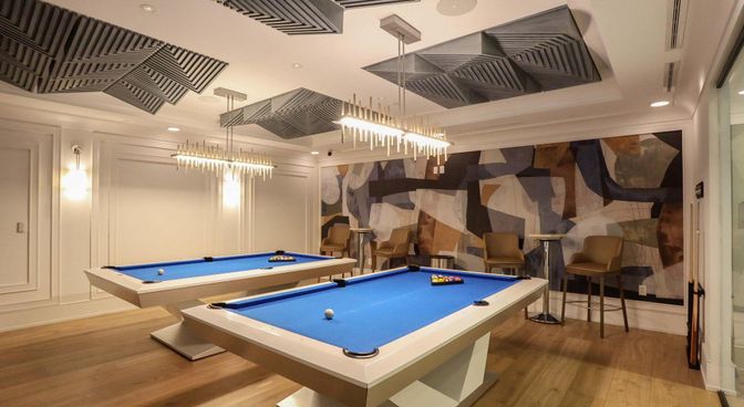 Billiard Table, Chandelier, Game Room, Interior, Pendant Lights, Wood Texture Flooring