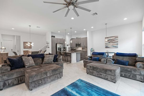 Interior, Kitchen, Living room, Marble, Pendant Lights, Recessed Lighting, Stainless Steel Appliances