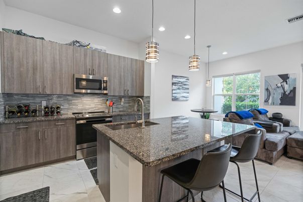 Interior, Kitchen, Marble, Pendant Lights, Recessed Lighting, Stainless Steel Appliances
